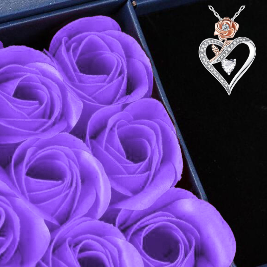 Gifts for Her Mother's day Wife Girlfriend RED, PINK, PURPLE  Roses Heart Rose Necklace Gift set