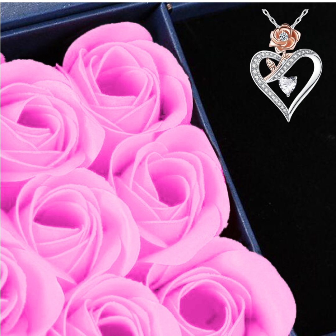 Gifts for Her Mother's day Wife Girlfriend RED, PINK, PURPLE  Roses Heart Rose Necklace Gift set