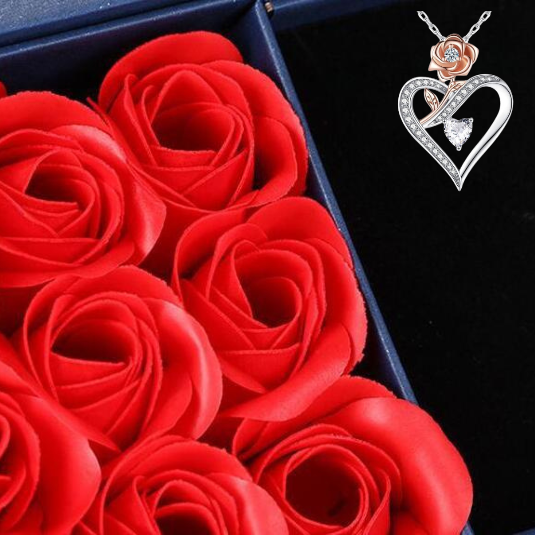 Gifts for Her Mothers day Wife Girlfriend RED Roses Heart Rose Necklace Gift set